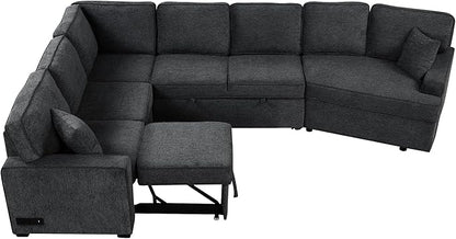 126" Extra Large Pull-Out Sofa Bed with Drop-Down Cup Holder Tables,L-Shaped Sectional Couch W/Charging Device,Convenient Sleeper Furniture Set for LivingRoom Apartment,Beige Chenille