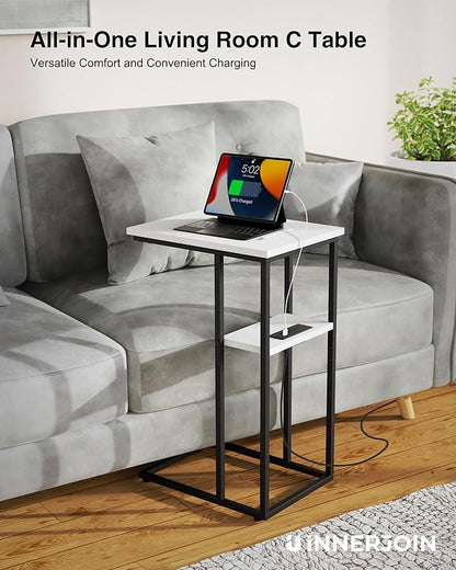 Innerjoin Side Table with Charging Station Set of 2, C Shaped End Table with LED Light Strip, Fast Charge USB A&C Ports, Small Sofa Snack Laptop Side Table for Living Room Bedroom, White