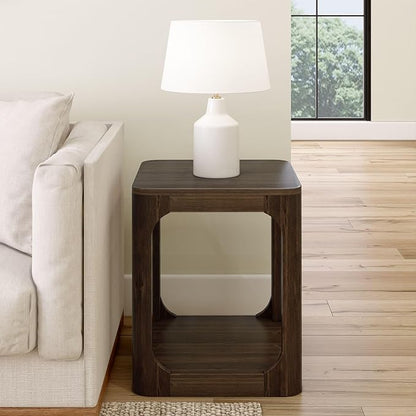 Plank+Beam Modern Rounded Square Side Table with Shelf, Solid Wood End Table for Living Room, 20in, Walnut