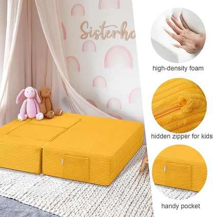 MeMoreCool Modular Kids Couch, Corduroy Play Toddler Couch for Bedroom Playroom Furniture, Convertible Foam Kids Sofa Bed, Fold Out Baby Sofa for Girl Boy, Yellow