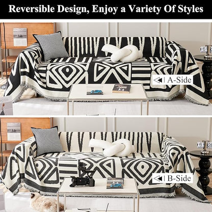 STACYPIK Reversible Boho Couch Cover Ivory Black Futon Armchair Slipcovecrs Anti-Slip Sofa Cover for Dogs Cats Geometric Triangle Couch Cover Versatile Furniture Protector for 2 Cushion Couch-71X90IN