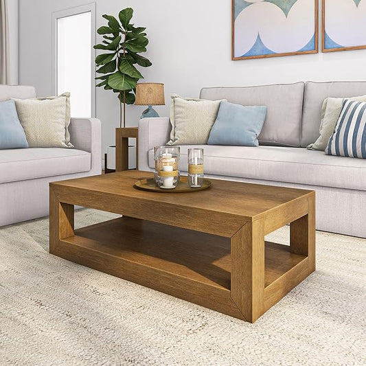 Plank+Beam Modern Rectangular Coffee Table with Shelf, 48", Solid Wood Center Table with Storage, 2 Tier Tea Table for Living Room, Pecan Wirebrush