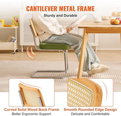 VEVOR Rattan Dining Chairs Set of 2, Mid Century Modern Dining Chair, Upholstered Velvet Accent Chair with Rattan Back, Retro Dining Room Kitchen Chair for Living Room, Bedroom (18.1 Inch)