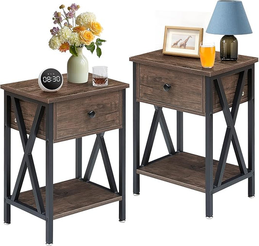 VECELO Nightstands Set of 2, Modern Bedside End Tables, Night Stands with Drawer and Storage Shelf for Living Room Bedroom, Industrial Metal Frame