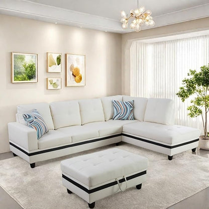 Sectional Couch with Ottoman Storage, L Shaped Sofa Furniture Sets, Modern Modular Couch Comfy Sofa for Living Room Bedroom, White