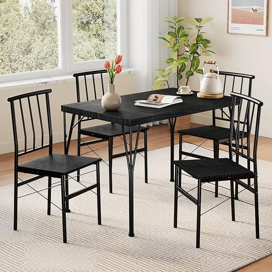 Vipbear Kitchen Dining Table Set for 4, 5-Piece Kitchen Table Set with 1.6“ Thick Tabletop,Dining Room Table Sets,Kitchen Table Set with 4 Chairs for Small Space, Dinette,Apartment,Retro Black