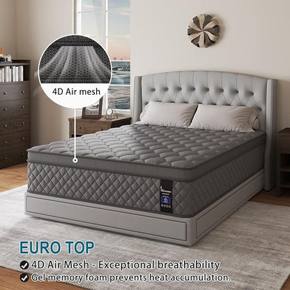 King Mattress, 14 Inch Hybrid Mattresses Grey Euro Top Medium Firm for Back & Lumbar Support, 100 Night Trial, Individual Pocket Spring Bed for Motion Isolation & Pressure Relief