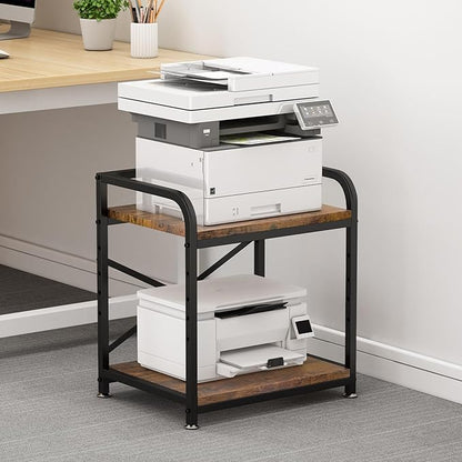 2 Tier Under Desk Printer Stand, Large Printer Table with Height Adjustable Shelf, Rolling Printer Cart with Industrial Wheels for Home Office, Scanner Fax (Rustic Brown)