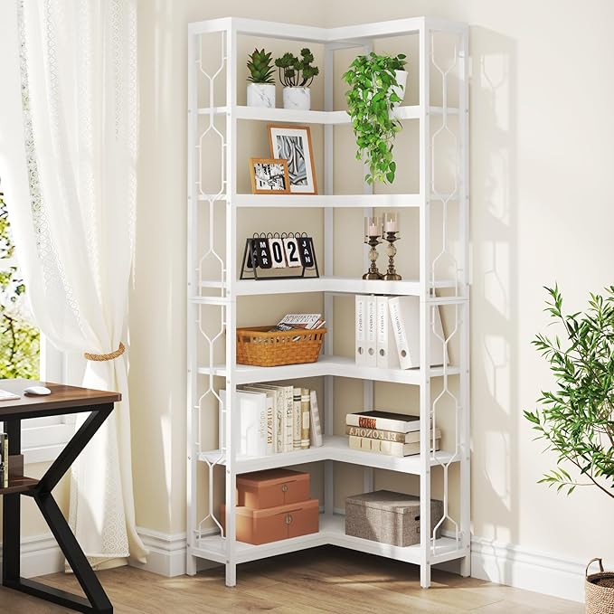 Tribesigns Corner Shelf, 7-Tier Industrial Corner Bookshelf, Wood and Metal Corner Etagere Bookcase, Freestanding Display Shelf for Living Room, Kitchen, Home Office, White