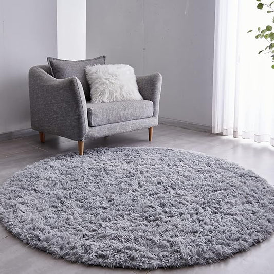 FJZFING Grey Round Rug Ultra-Soft Plush Modern 4x4 Circle Area Rug for Kid's Bedroom, Fluffy Shag Circular Rug for Nursery Room, Non-Slip Home Decor Cute Grey Carpet for Teen's Room
