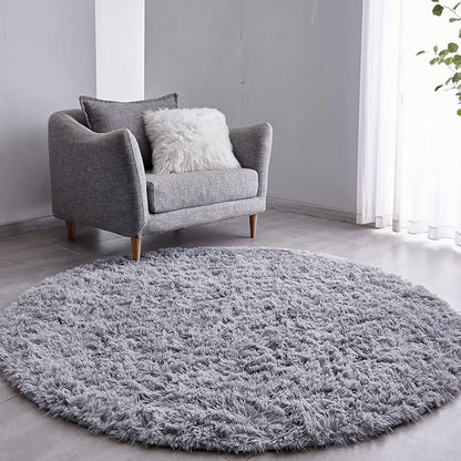 FJZFING Grey Round Rug Ultra-Soft Plush Modern 5x5 Circle Area Rug for Kid's Bedroom, Fluffy Shag Circular Rug for Nursery Room, Non-Slip Home Decor Cute Grey Carpet for Teen's Room