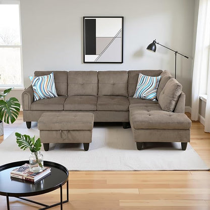 Couches for Living Room Modern L Shaped Couch Comfy Velvet Fabric 3 Pieces Sectional Sofa with Chaise, Ottoman with Storage for Office and Small Apartment, Brown Pineapple