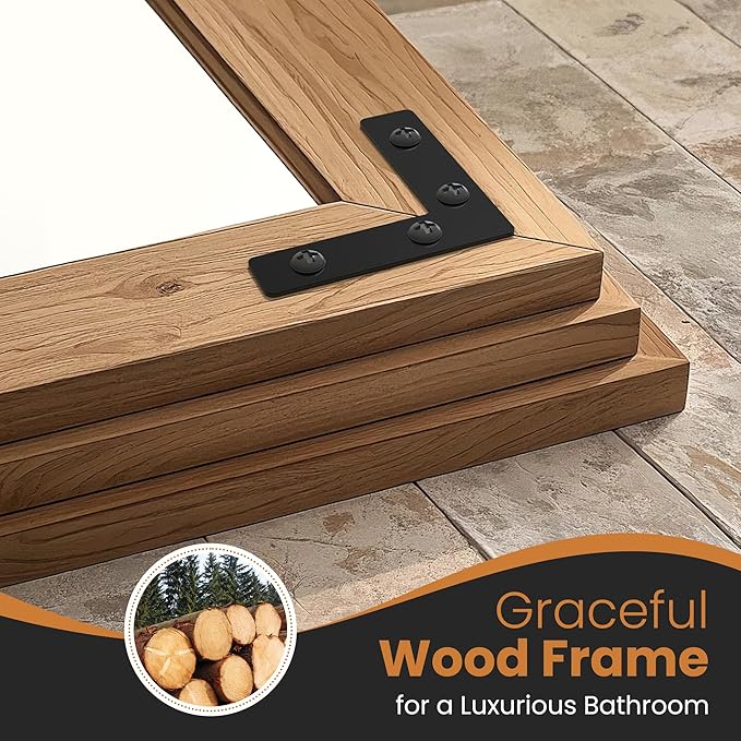 Full Length Mirror with Wooden Frame, 40"X28" Solid Wood Standing Floor Mirror for Farmhouse, Bathroom, Bedroom Decor, Hanging or Leaning Wall-Mounted