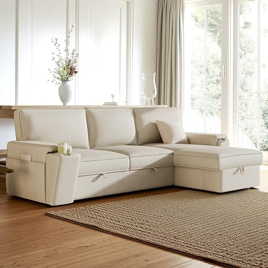 96.1 Inch L-Shaped Convertible Sectional Sleeper Sofa with Pull Out Bed, Storage Bags and 2 Hidden Cup Holders on Arms, Upholstered Corner Couch for Living Room Office Apartment, Beige