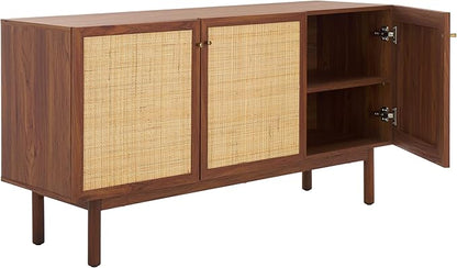 SAFAVIEH Aino TV Stand for up to 60" Flatscreen – Walnut Brown with Rattan Mesh, 3 Doors with Interior Storage, Sideboard Cabinet, Entertainment Media Console (MED9618A)