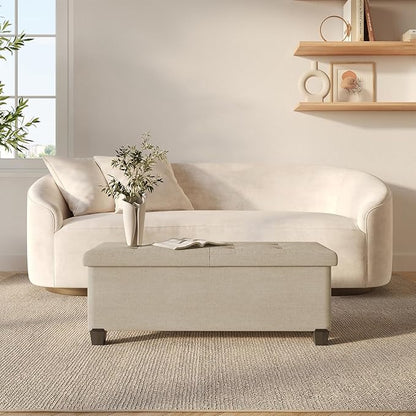 STORAGEBUD Storage Ottoman Bench with Bins, 43-in Storage Bench for Bedroom End of Bed, Folding Foot Rest Ottoman for Living Room Max 660lbs, Fabric Ottomans, Beige