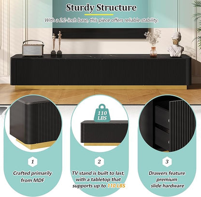 Merax Modern Wood TV Stand for TVs Up to 85'', Faux Marble Tabletop Entertainment Center with Storage Drawers, Practical Media Console for Living Room, Bedroom, Black