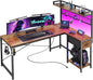 PRAISUN L Shaped Gaming Desk with Shelves, Corner Computer Table with LED Lights, Power Outlets and USB-C Ports, 50 Inch Reversible Home Office Desk with Storage Drawer, Work and Study, Rustic Brown