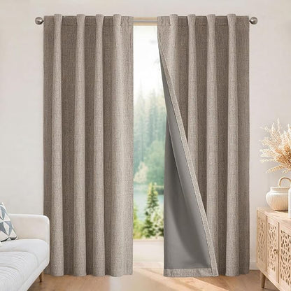 Joydeco 100% Blackout Curtains for Bedroom - Natural Linen Curtains 37"W x 90"L Long, Thermal Insulated 2 Panels Linen Light Blocking Drapes, Rod Pocket & Back Tabs, Darkening Privacy for Living Room