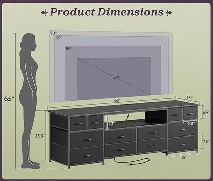 Huuger 63 Inch Dresser TV Stand with LED Lights, Power Outlets and USB-C Port, 12 Fabric Drawer Dresser for Bedroom, Wide Entertainment Center for 65, 70 Inch TV, Open Shelf, Black