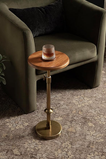 Kate and Laurel Engles Modern Adjustable-Height Pedestal Drink Table; 10 x 10 x 30; Walnut Brown and Brass; Mid-Century Round Indoor Metal Plant Stand with Solid Wood Tabletop