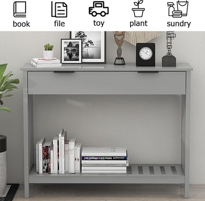 TaoHFE Entryway Table with Storage, Modern Sofa Table with Slatted Frame, Entry Way Table with Smooth Finish, Long Console Table for Hallway, Entryway, Living Room, Bathroom, Bedroom, Grey