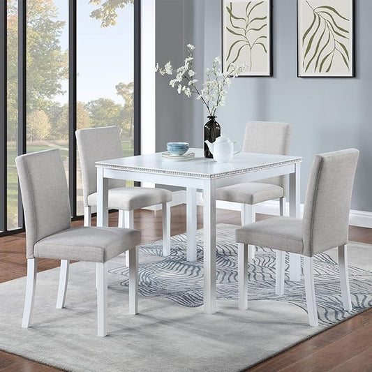 KEIKI 5-Piece Standard Height Dining Table Set with Square Table and 4 Upholstered Chair, for 4 Person, Modern Style Crystal Decoration Wood Table Set, Easy Assembly, for Kitchen, Dining Room, White