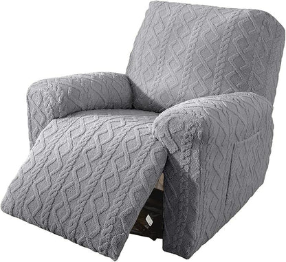vctops 4 Pieces Geometric Jacquard Plush Recliner Slipcovers Soft Fuzzy Fluffy Sofa Couch Cover Anti-Slip Furniture Protector with Elastic Bottom for Kids Cats Dogs(Grey,1 Seat)