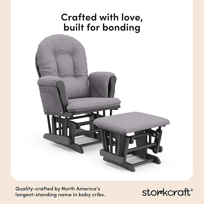 Storkcraft Premium Hoop Glider & Ottoman (Gray/Gray Swirl) — GREENGUARD Gold Certified Nursery Glider, Solid Wood Craftsmanship, Smooth-Gliding Nursery Chair and Ottoman, Award-Winning