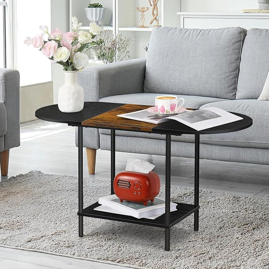 ETELI Small Black Coffee Table Oval Center Table with Storage and Open Shelf Round Coffee Tea Table for Small Space Living Room Home Office, Brown & Black