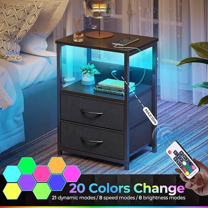 Seventable Nightstand with Charging Station, Bedside Table with LED Lights, Night Stand with 2 Fabric Drawers, 3-Tier Storage End Table for Bedroom, Black