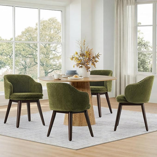 Wooden Dining Chairs Set of 4, Fabric Upholstered Modern Dining Room Chairs with Barrel Backrest & Double-Layer Thick Cushion for Living Room, Restaurant, Kitchen and Café, Green, 2 Boxs