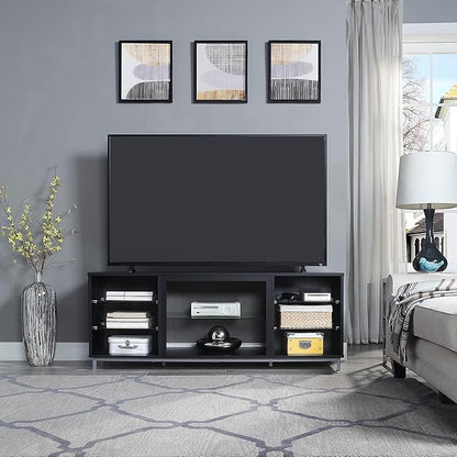 Manhattan Comfort Brighton 60" TV 7 Shelves, Tempered Glass Dividers and Media Wire Management, Modern Free-Standing Entertainment Center for Living Room, Fits up to 56" Television, OneSize, Onyx