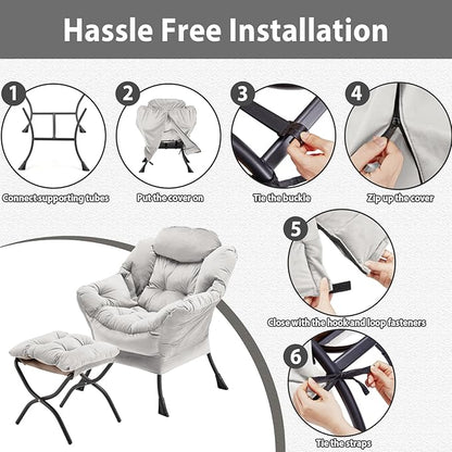 Lazy Chair with Folding Ottoman, Accent Chair Velvet Upholstered with Metal Structure and Non-Slip Pads, Sofa Armchair with Footrest and Side Storage Bag for Dorm, Room, Office, Light Gray