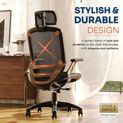 GABRYLLY Ergonomic Office Chair, High Back Home Desk Chair with Headrest, Flip-Up Arms, 90-120° Tilt Lock and Wide Cushion, Big and Tall Mesh Chairs for Man Woman, Black Task Chair(Dark Woodgrain)