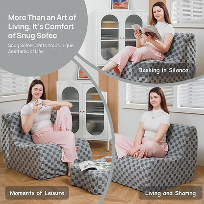 Giant Bean Bag Chair for Adults with Ottoman, Teddy Fabric Beanbag Chair with Memory Foam Filled,Plush Lazy Floor Sofa with Footstool Couch for Living Room,Bedroom,Dorm, Apartment, Grey