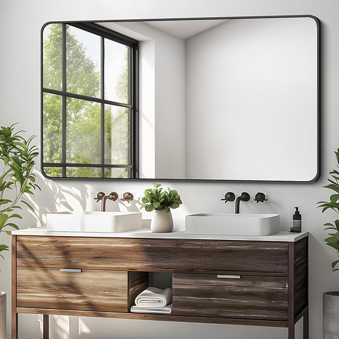 30 x 50 Inch Bathroom Mirror, Matte Black Wall Mirror with Metal Frame, Decorative Rectangular Vanity Mirror for Bedroom Bathroom Living Room Entryway (Horizontal/Vertical)