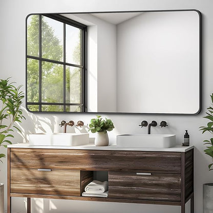 30 x 50 Inch Bathroom Mirror, Matte Black Wall Mirror with Metal Frame, Decorative Rectangular Vanity Mirror for Bedroom Bathroom Living Room Entryway (Horizontal/Vertical)