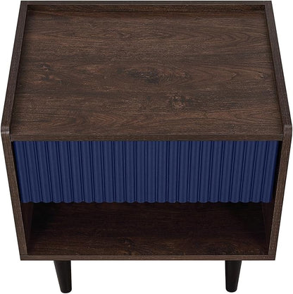 Manhattan Comfort Duane Modern Ribbed Nightstand, Bedside Table with Full Extension Drawer and Open Shelf, Industrial Chic Living Room and Bedroom Furniture, Navy Blue