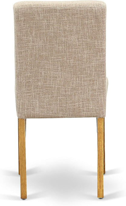East West Furniture DLAB3-OAK-04 3 Piece Dining Room Furniture Set Contains a Round Dining Table with Dropleaf and 2 Light Tan Linen Fabric Parsons Chairs, 42x42 Inch, Oak