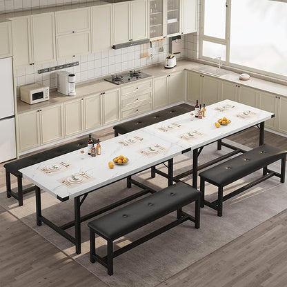 GarveeHome Extendable Dining Table Set for 4-6, Rectangle Large Extendable Kitchen Table with 2 Upholstered Benches & Metal Corner Protect for Dining, Apartment, Space Saving, Marble White