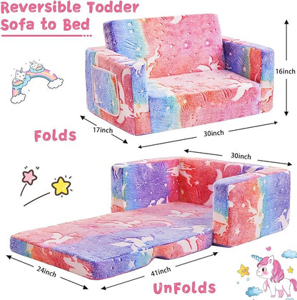 Toddler Chair Comfy,2-in-1 Soft Toddler Couch Fold Out for Kids,Convertible Sofa to Lounger,Gift for Girls and Boys Birthday,Elf,Large