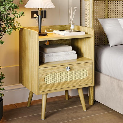 End Table with Charging Station, Nightstand with Diamond Handle and Rattan-Style Drawer, Bedside Table, Light Oak