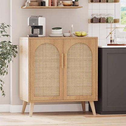 Rovaurx Rattan Storage Cabinet with Doors, Modern Accent Bathroom Floor Cabinet, Sideboard Buffet for Living Room, Entryway, Dining Room and Kitchen, Natural BMGZ108M