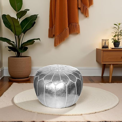 Stuffed Round Design Moroccan Leather Pouf Ottoman, Handmade, Pre-Filled, 100% Genuine Leather, 13” Height x 20” Diameter, Footstool & Living Room Décor (Silver)