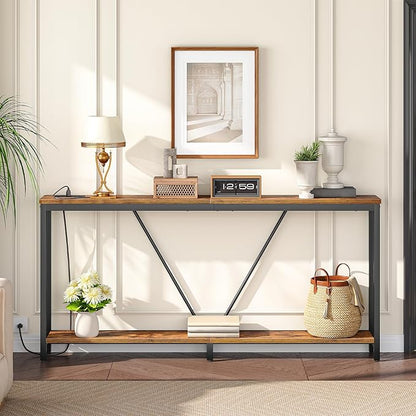 HOOBRO 70.9" Extra Long Sofa Console Table with Charging Station, 2-Tier Behind Couch Table with V-Brace, for Narrow Entryway, Hallway, Living Room, Rustic Brown BF186UXG01