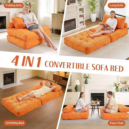HABUTWAY Folding Sofa Bed, Convertible Sleeper Chair Bed w/Dual-Pillow & Handle, Foldable Floor Sofa Lounge w/Back Support for Living Room, Bedroom, Apartment, Office, Orange