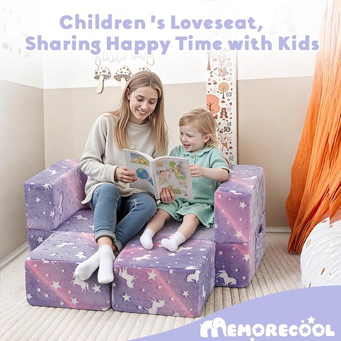 MeMoreCool Unicorn Modular Kids Couch, Glow Rainbow Play Toddler Couch for Bedroom, Convertible Foam Kids Sofa Bed, Fold Out Baby Sofa for Girl Boy, Purple