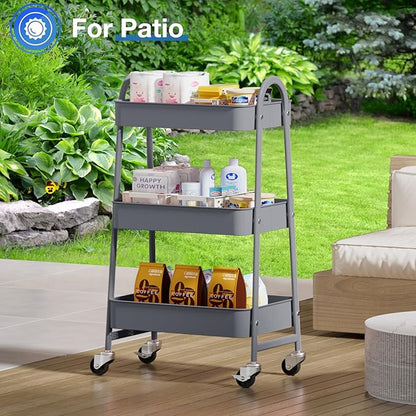 OLIXIS 3 Tier Utility Rolling Cart, Metal Mobile Storage Shelf with Lockable Caster Wheels, Organization for Livingroom, Bathroom, Kitchen, & Narrow Places, Gray