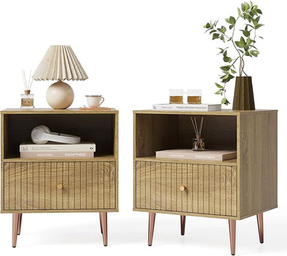 Wood Night Stand Set 2,Modern Bedside Table with Door and Open Storage,Fluted Nightstand and Wood End Side Table with Rose Gold Metal Legs and Handles for Bedroom,Living Room,Natural